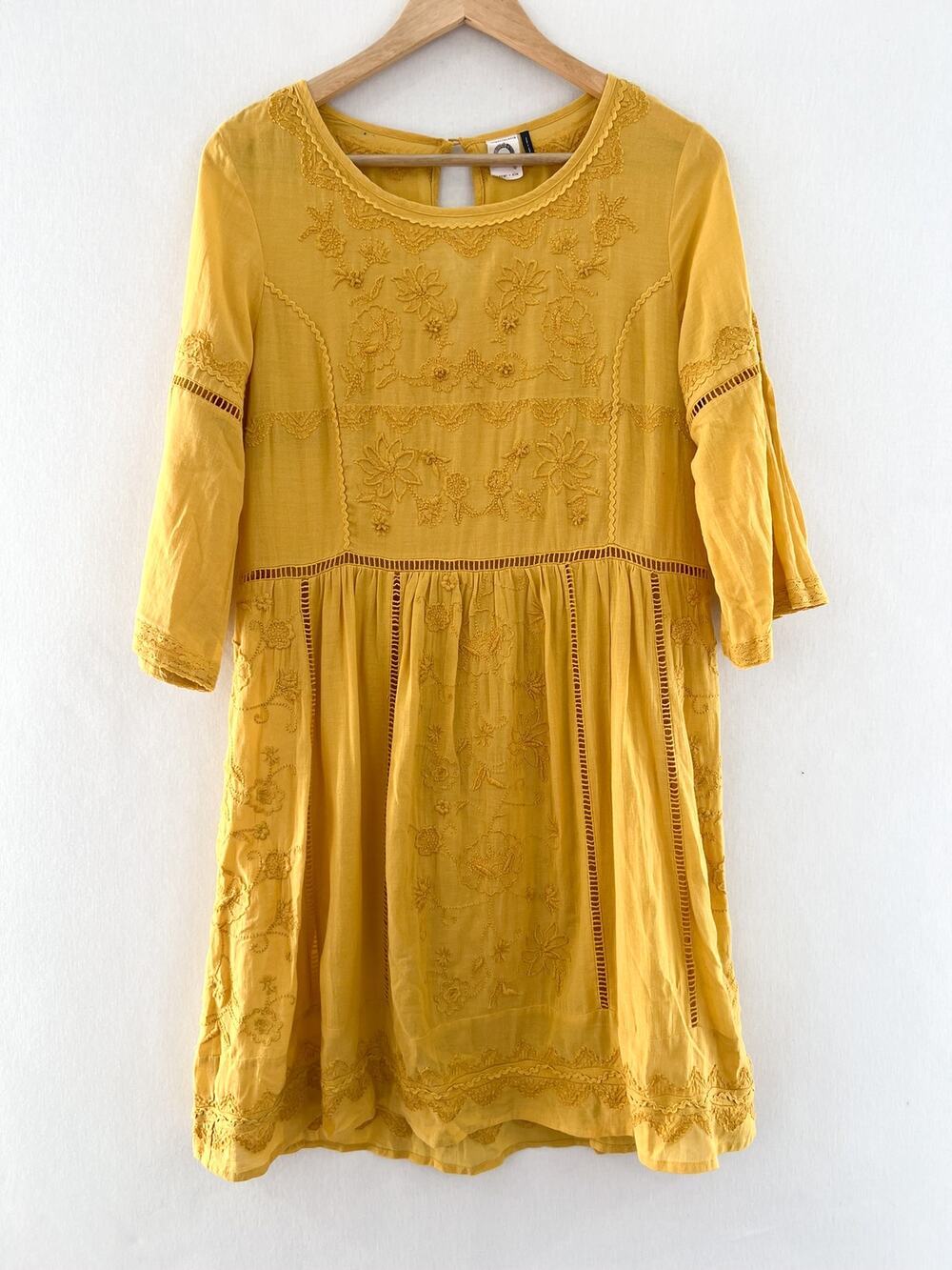 Akemi + Kim Anthropologie Boho Mustard Yellow Embroidered Tunic Dress Small